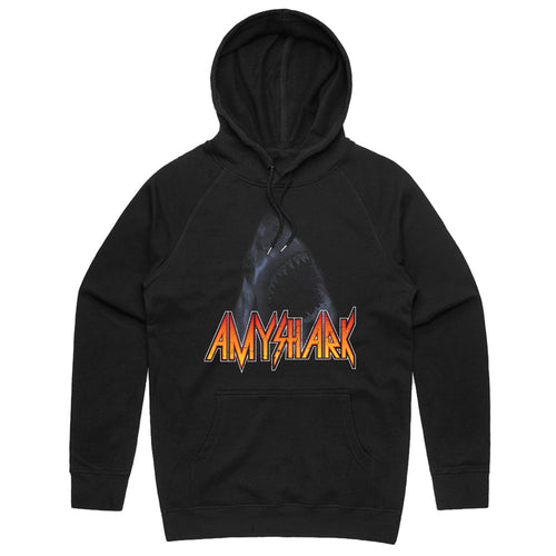 Black hoodie with Amy Shark logo in red and orange gradient and shark graphic