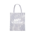 Purple and white tie dye tote bag with Amy Shark logo